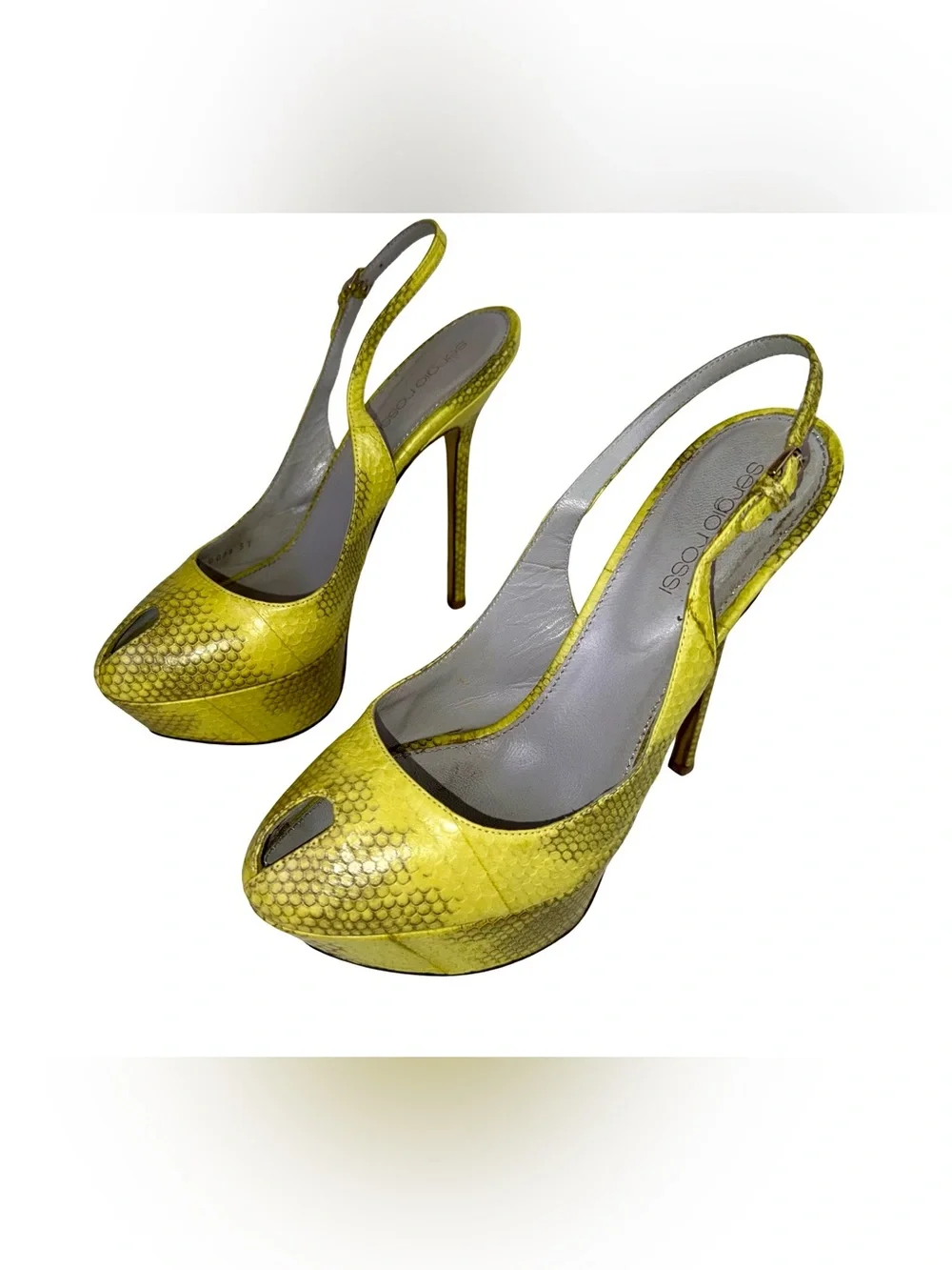 SERGIO ROSSI YELLOW SNAKE SLINGBACK PLATFORM HEELS